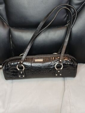 Lauren By Ralph Lauren Black Croc-Embossed Shoulder Bag